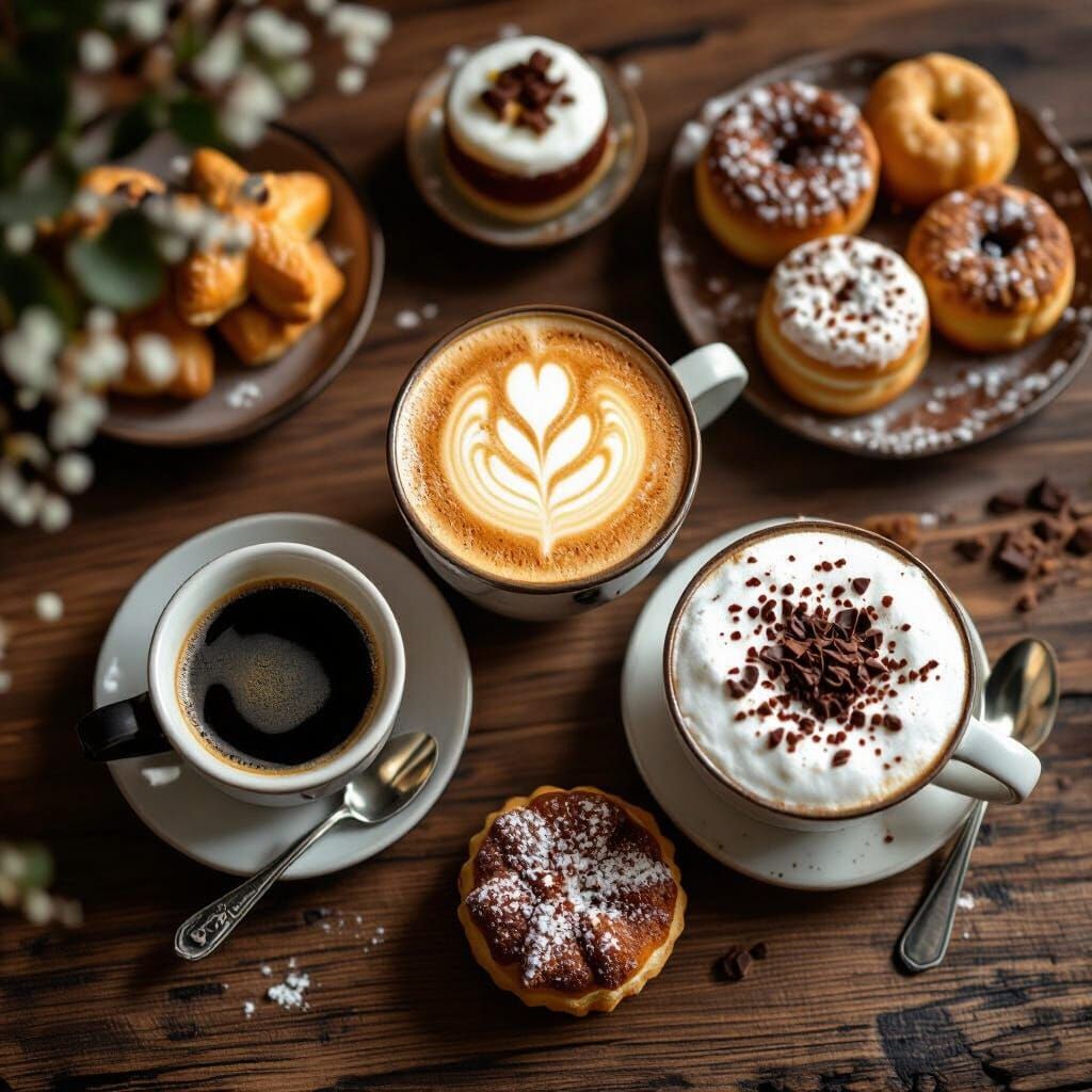 Top-Down View of Coffee Drinks and Desserts on Wooden Table