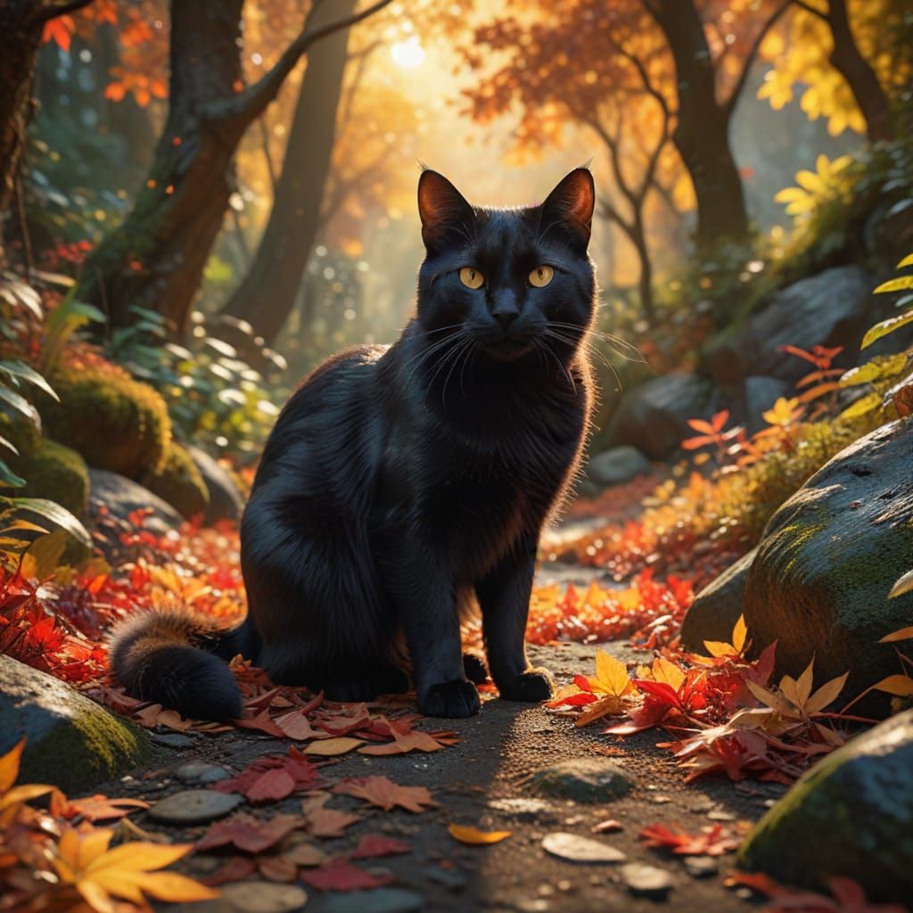 Black Cat in Mystical Autumn Woodland