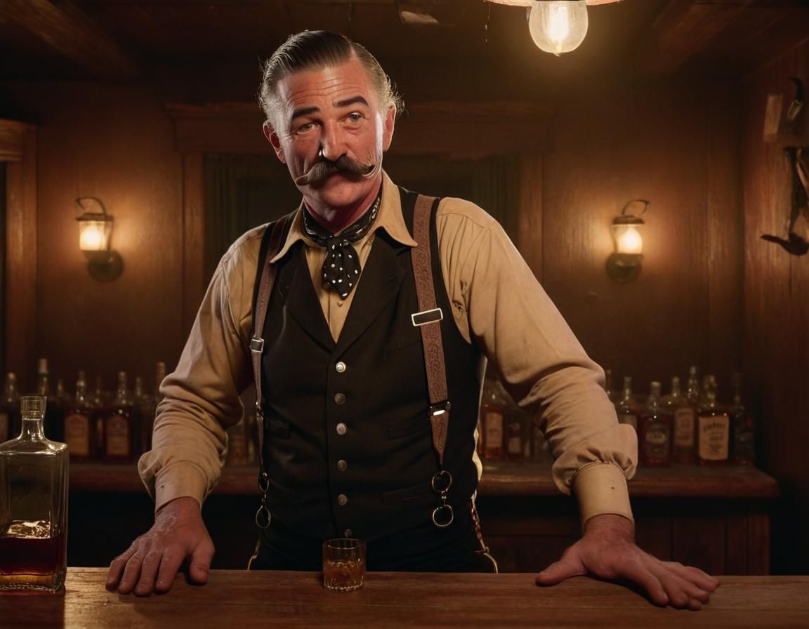 Old West Bartender Pouring Whiskey in Saloon