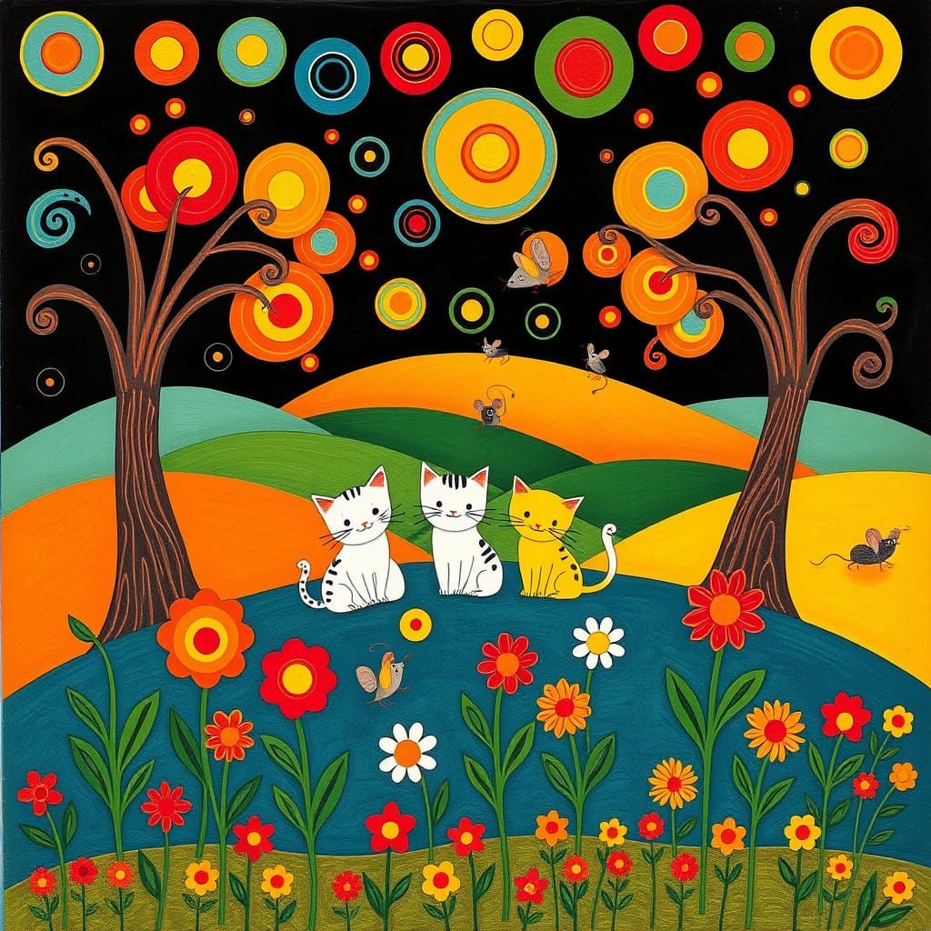Whimsical Folk Art Scene with Cats and Flowers