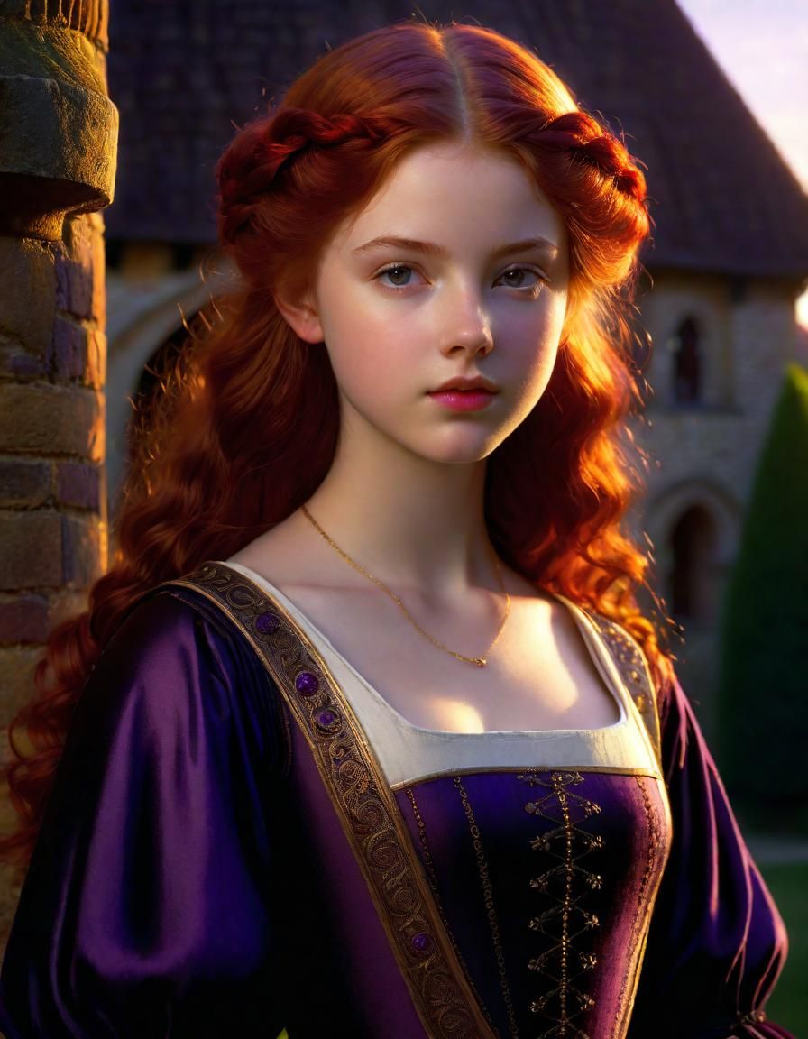 Solemn Girl Portrait in Medieval Villa Setting