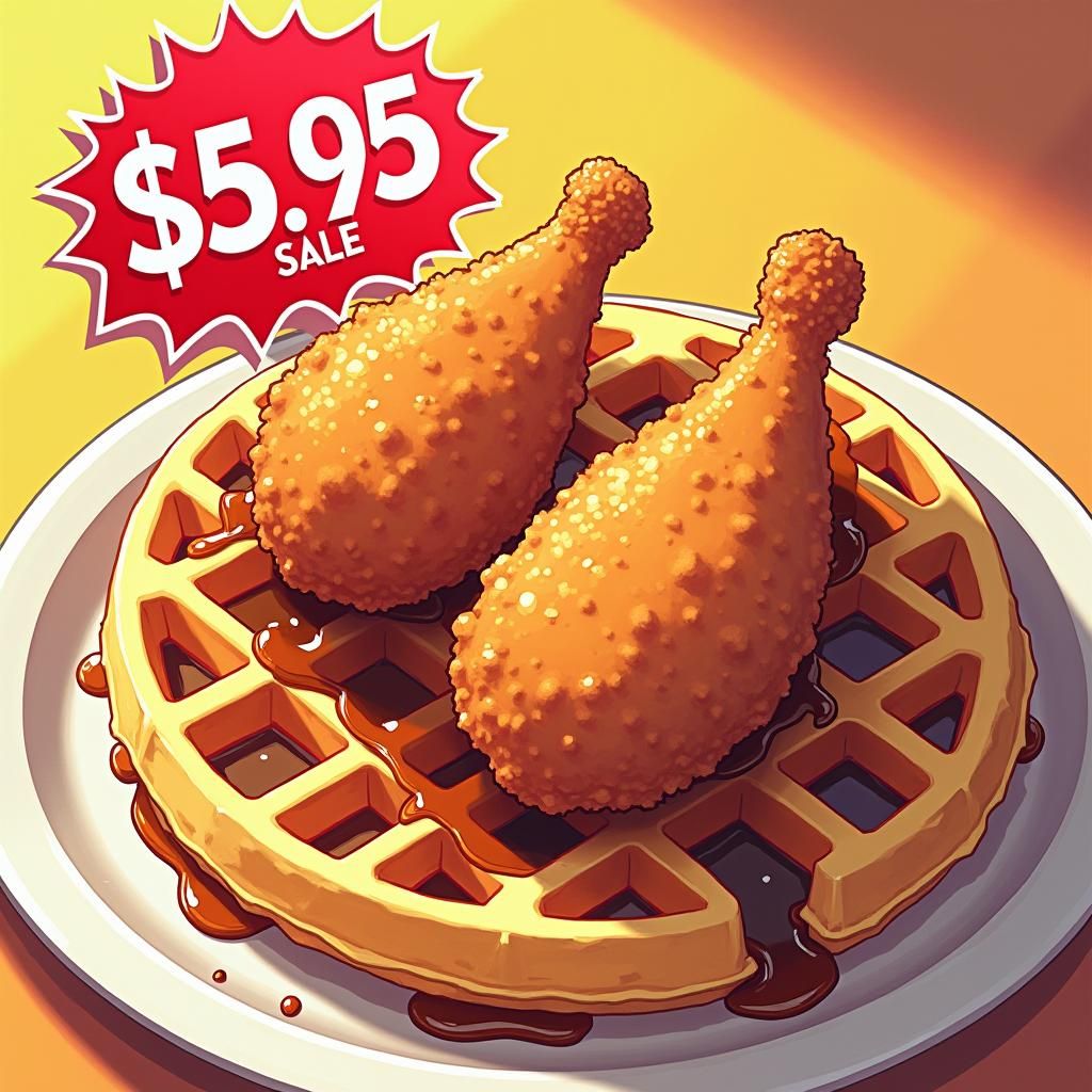 Anime-Style Chicken and Waffles Food Illustration
