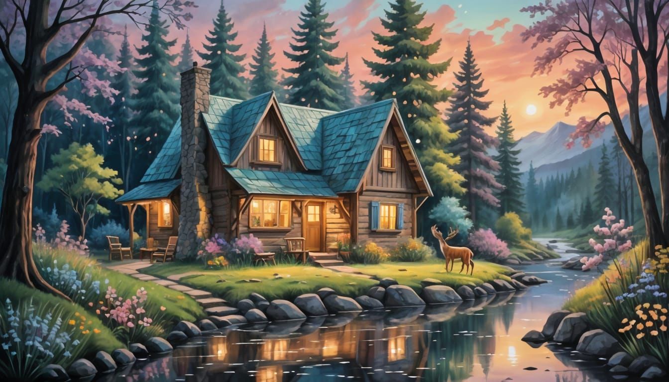 Magical Forest Cabin in Pastel Watercolor
