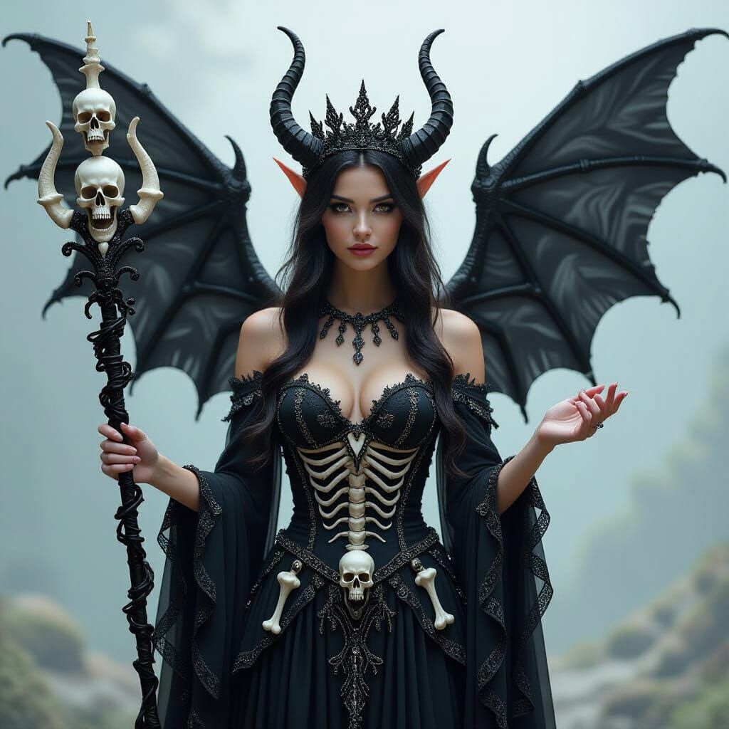 Dark Fairy Queen with Dragon Wings and Bone Scepter