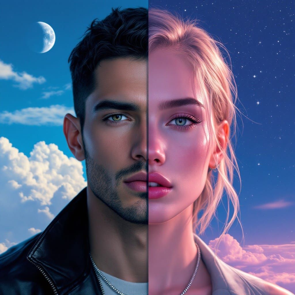 Dual Portrait: Day Meets Night in Digital Art