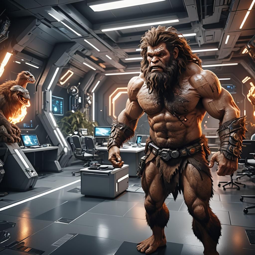 Caveman in a Futuristic Office: 3D Render
