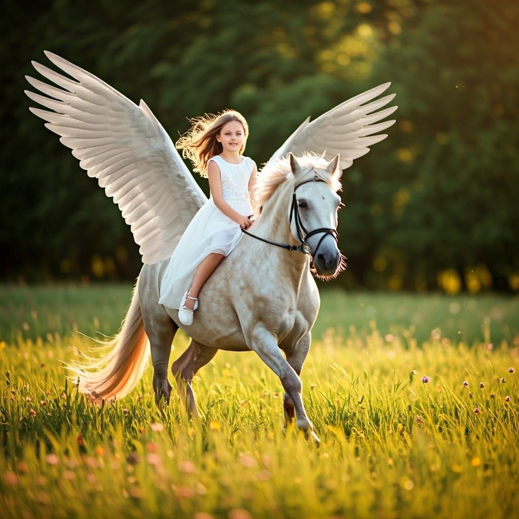 Majestic Girl Rides Pegasus in Hungarian Meadow