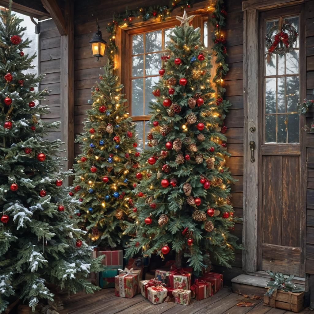 Vintage Christmas Tree on Porch in Alcohol Ink Style
