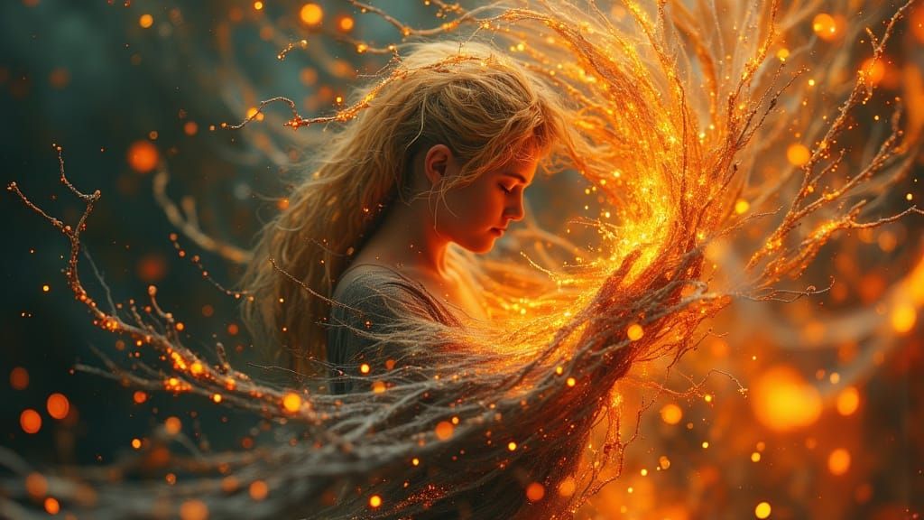 Blonde Woman Weaving Light in Dark Oil Paint