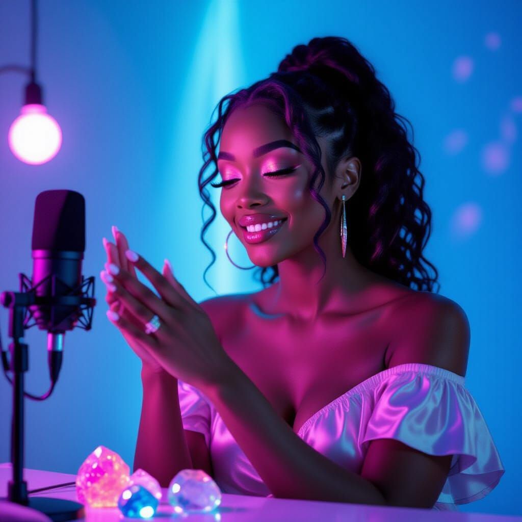 ASMR Influencer with Crystals and Microphone