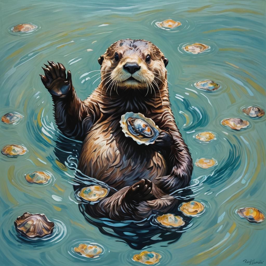 Sea Otter with Oyster in Van Gogh Style
