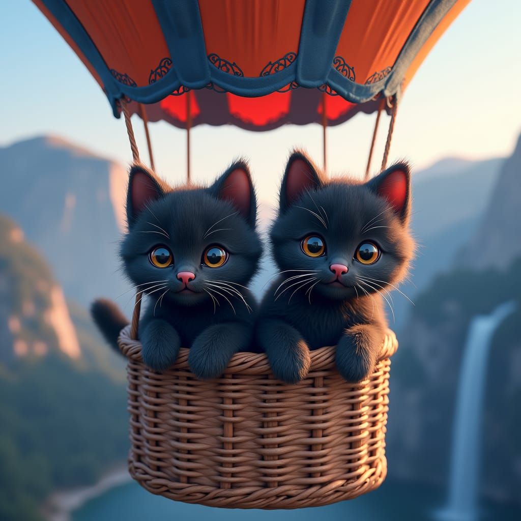 2 Fluffy black fur animated kittens with oversized, shining eyes and button nose, inside a hot air balloon with the Yose...