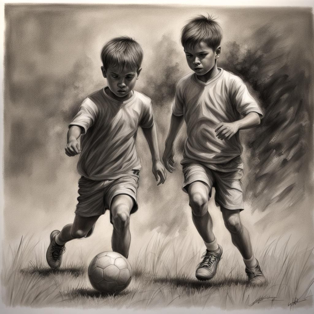 Boys Playing Football: Hyperdetailed Charcoal Drawing