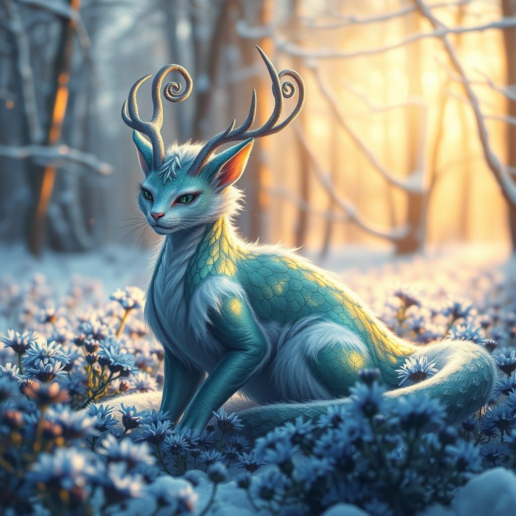 Dragon-Cat Sits Amidst Winter Aster Field, Iridescent Scales...