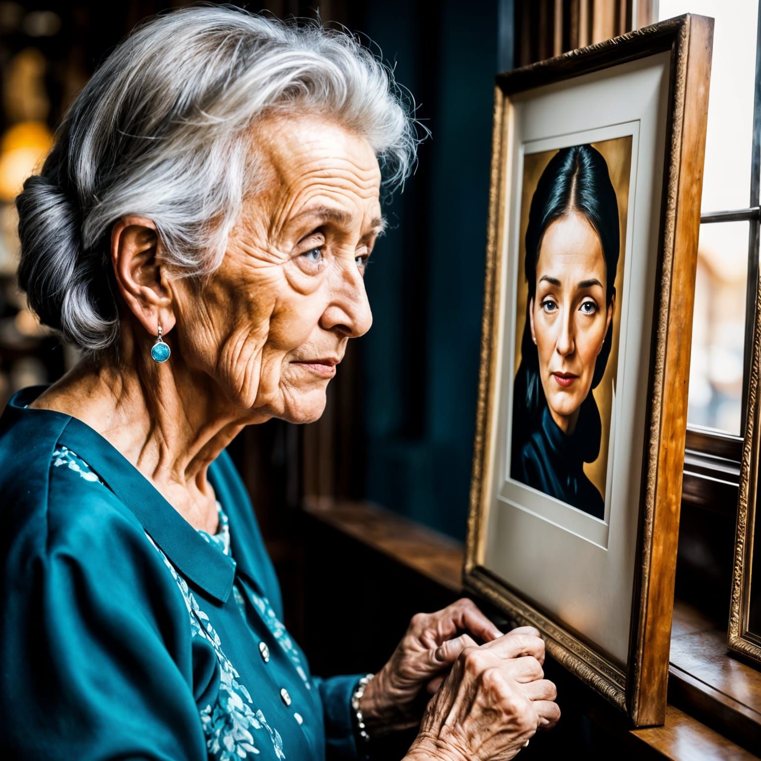 Nostalgic Portrait: Old Woman and Her Younger Self