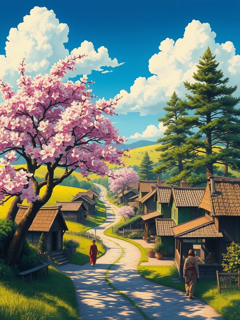 Idyllic Spring Village in Sumi-e Style
