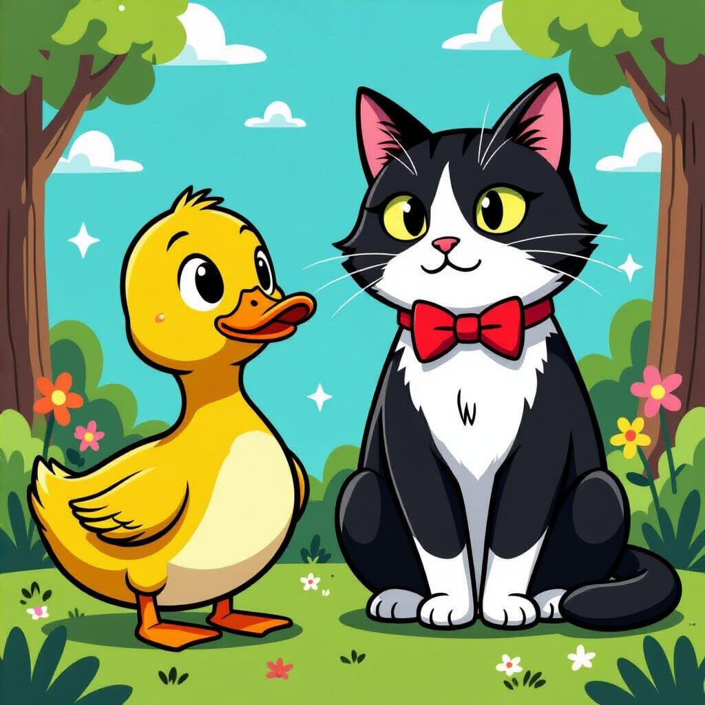 2D Cartoon Art, A tuxedo cat with a little yellow duck