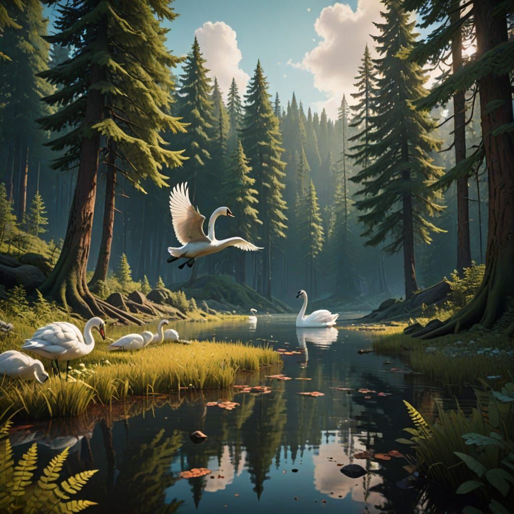 Serene Lake Landscape with Majestic Swans and Young Explorer...