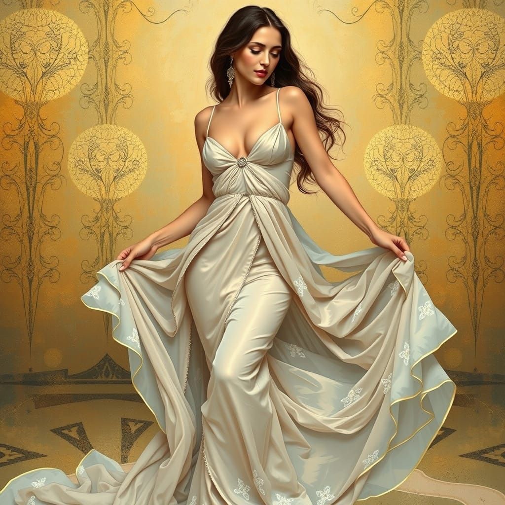 Lady in Ethereal Silk, Walking in Serene Bedroom