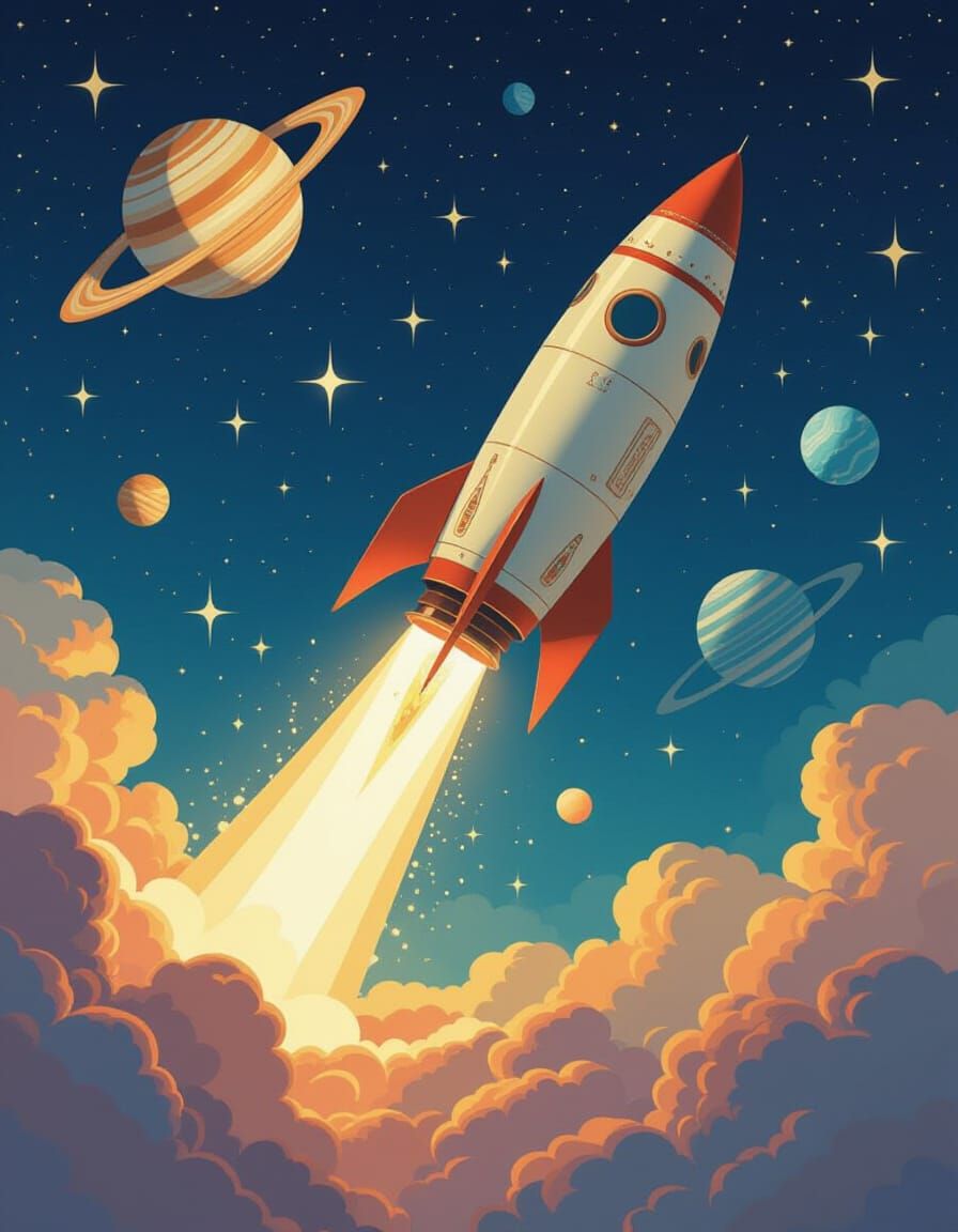 Baroque Rocket Soaring Through Crystal Galaxy