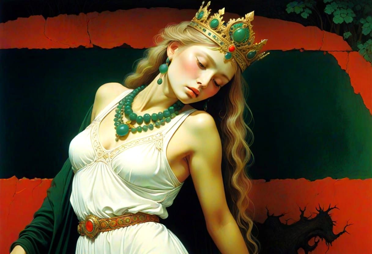 Regal Woman Adorned with Opulent Jade Crown in Emerald Mysti...