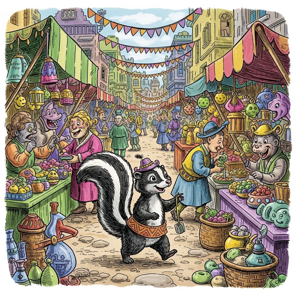 Cheerful Skunk in Whimsical Hat at Lively Marketplace