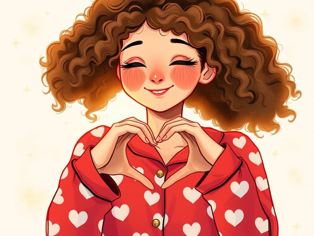 Whimsical Woman in Red Pajamas Forms a Heart
