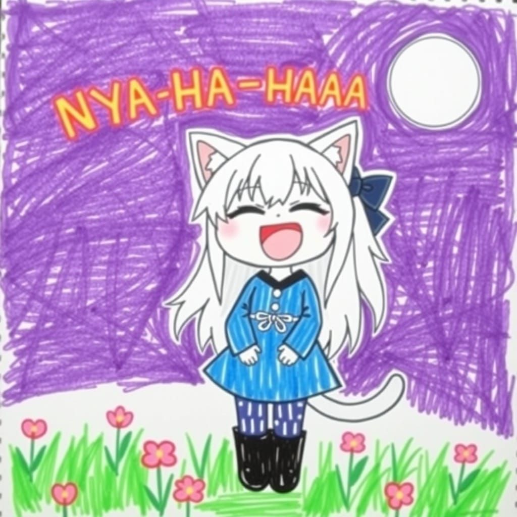 Cute Anime Catgirl Laughing in Crayon Drawing