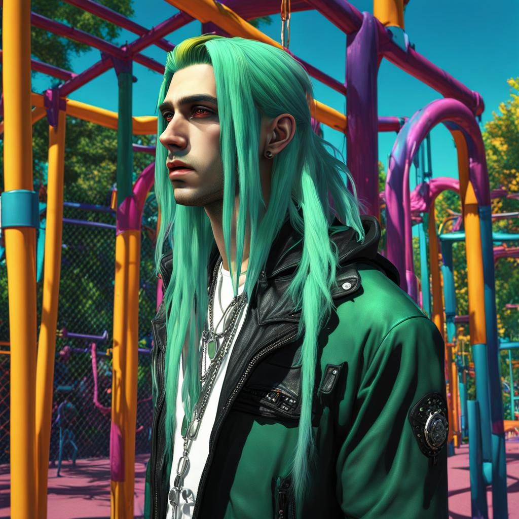 Pastel Goth Man on Monkey Bars in Matte Painting Style