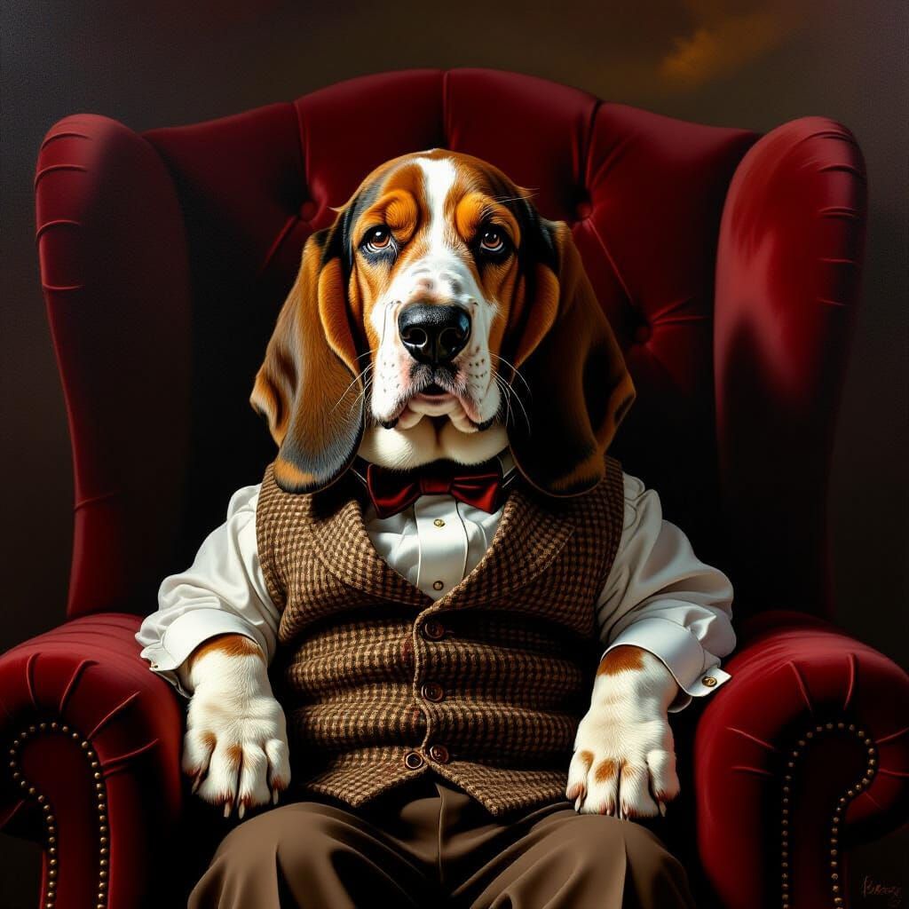 Regal Basset Hound in Velvet Armchair, Classic Oil Painting ...