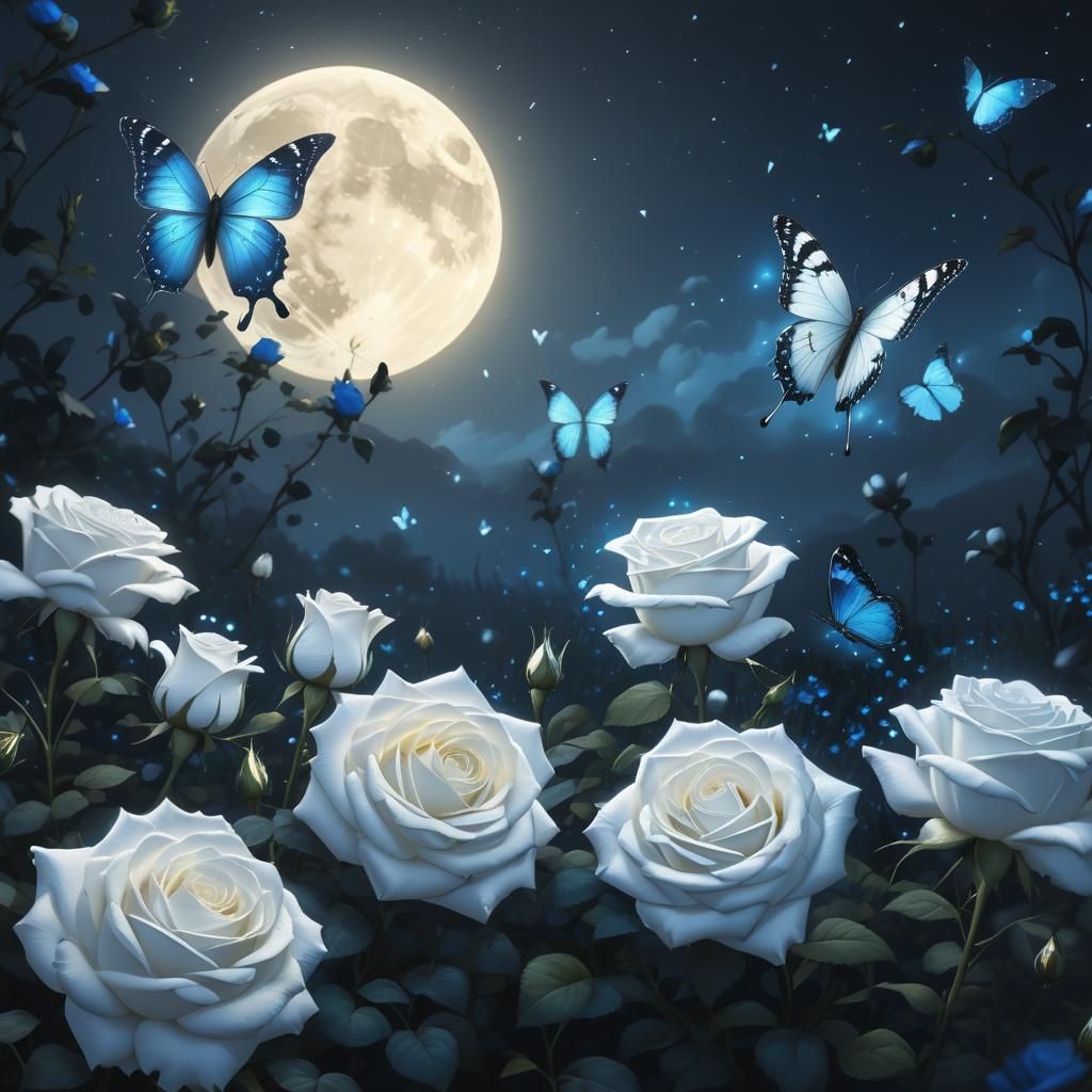 Whimsical Butterflies Over Enchanted Rose Fields in an Ether...