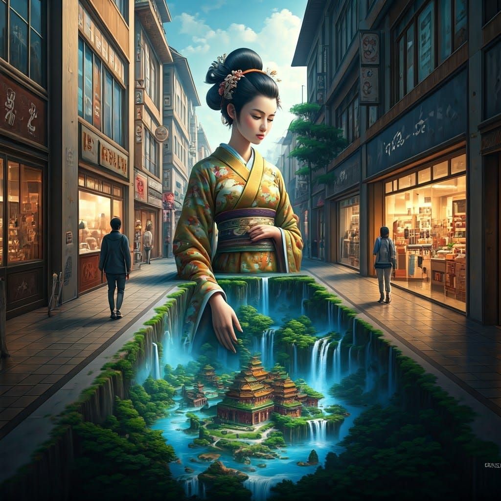 Optical Illusion Geisha Street Art in Japan