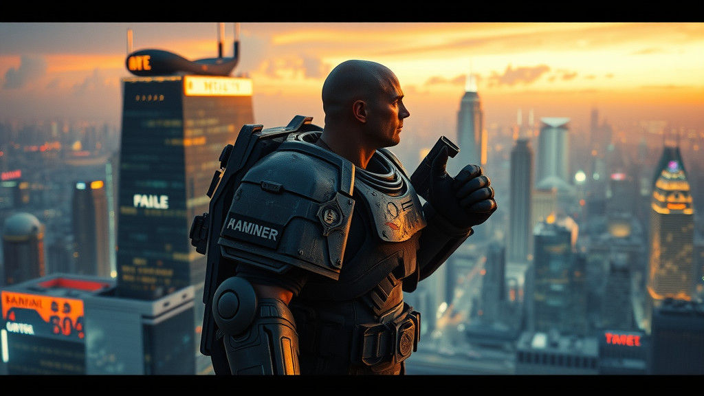 Space Marine Overlooking Neon Cityscape at Dusk