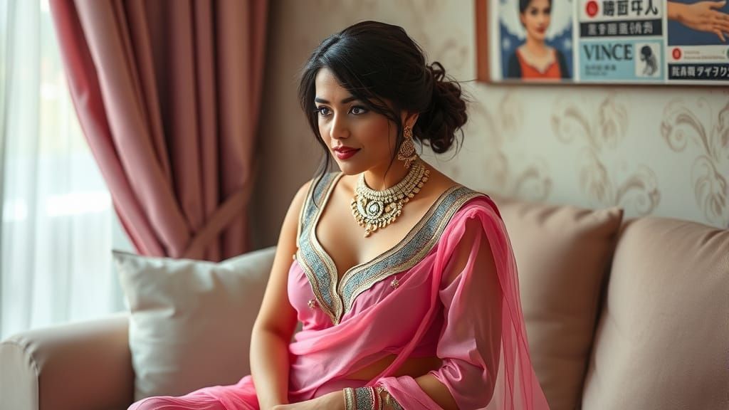 Sultry Indian Woman Teasing in a Pink Lehenga