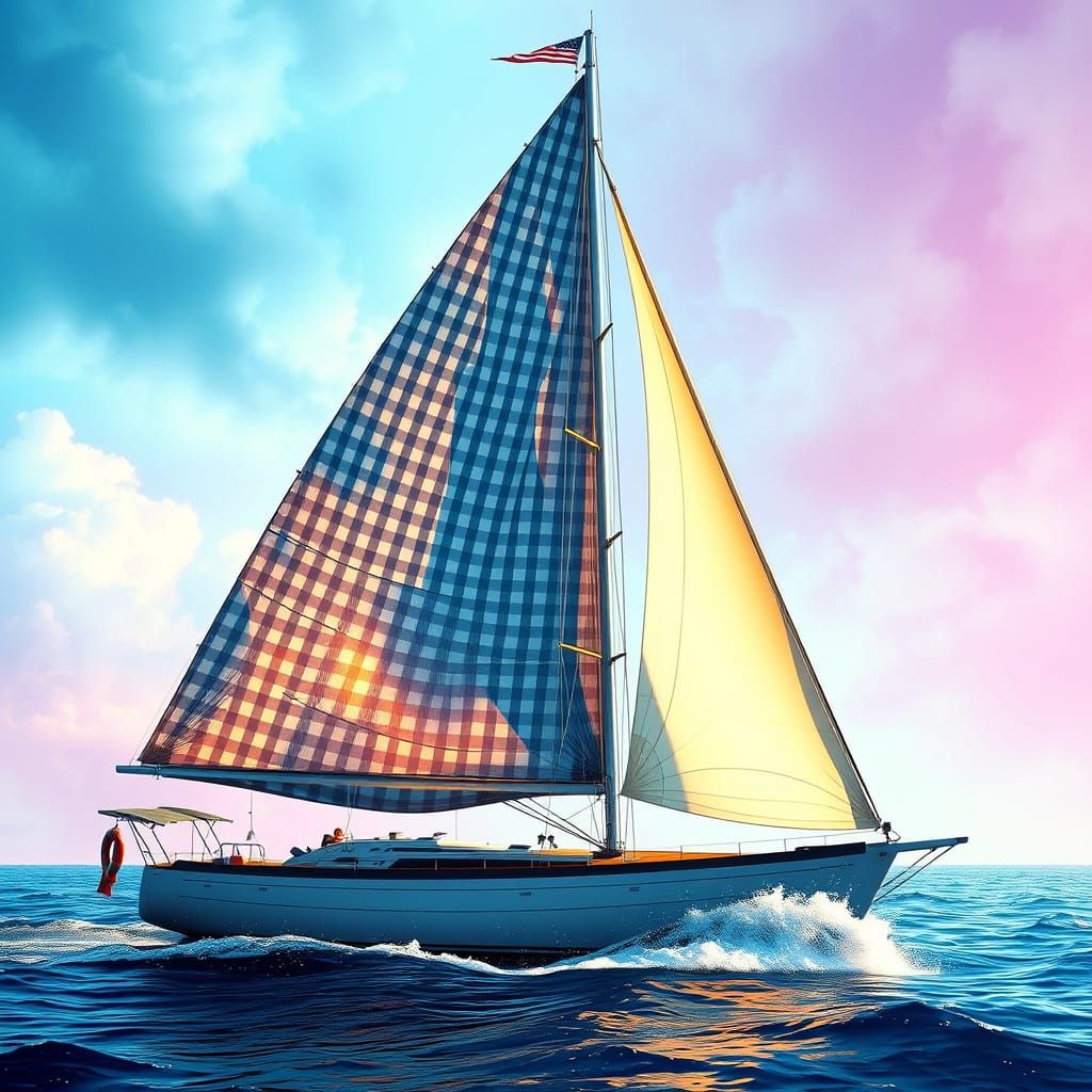 Gingham Print Sailboat in Hyperrealistic Style