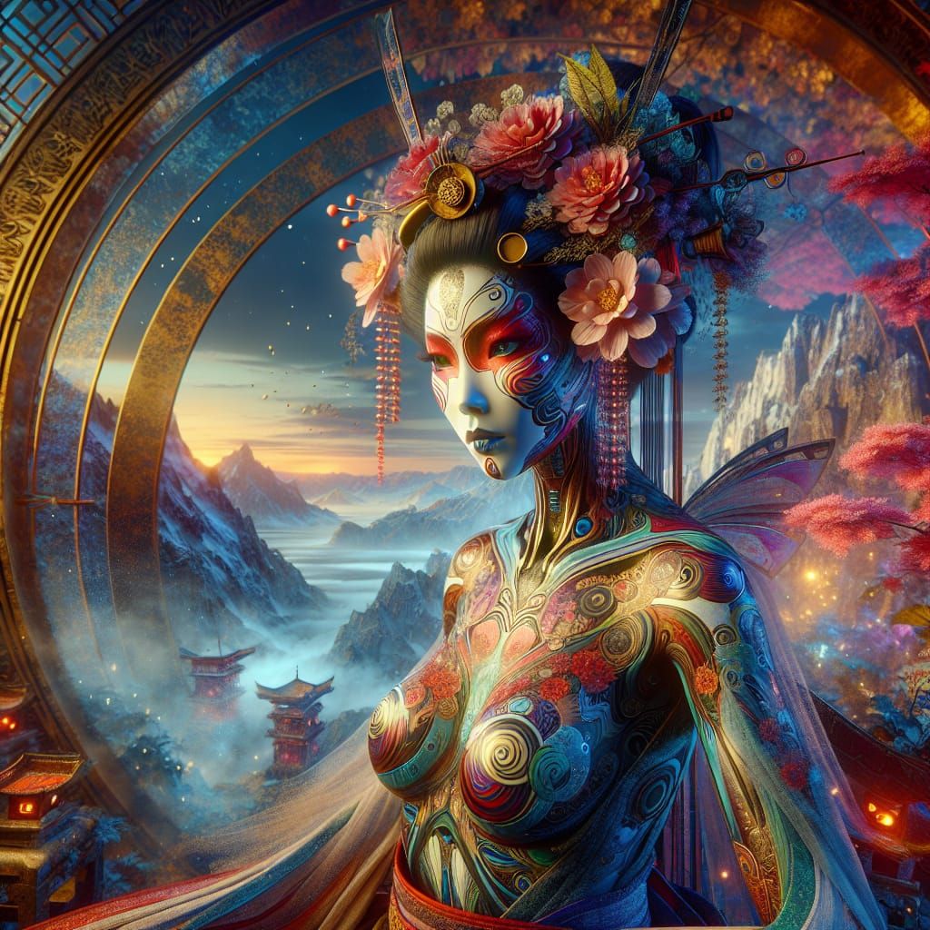 Futuristic Geisha Body Art in Traditional Japanese Style