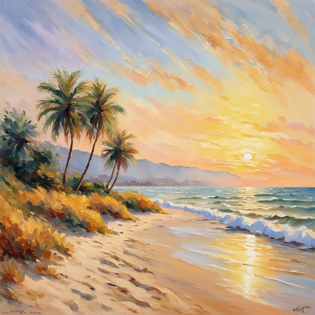 Impressionist Beach Scene at Golden Sunrise