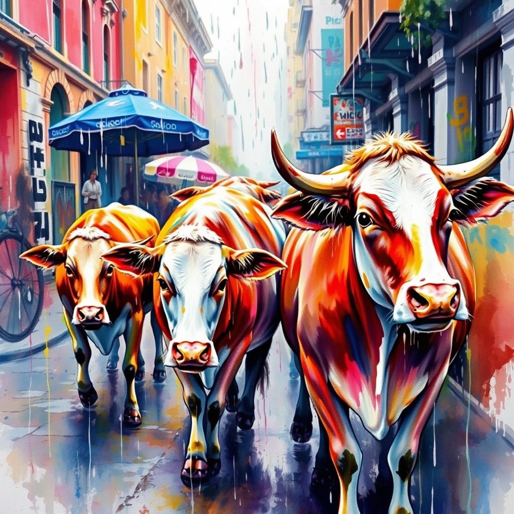Vibrant Cows in Street Rain, a Dynamic Watercolor Painting