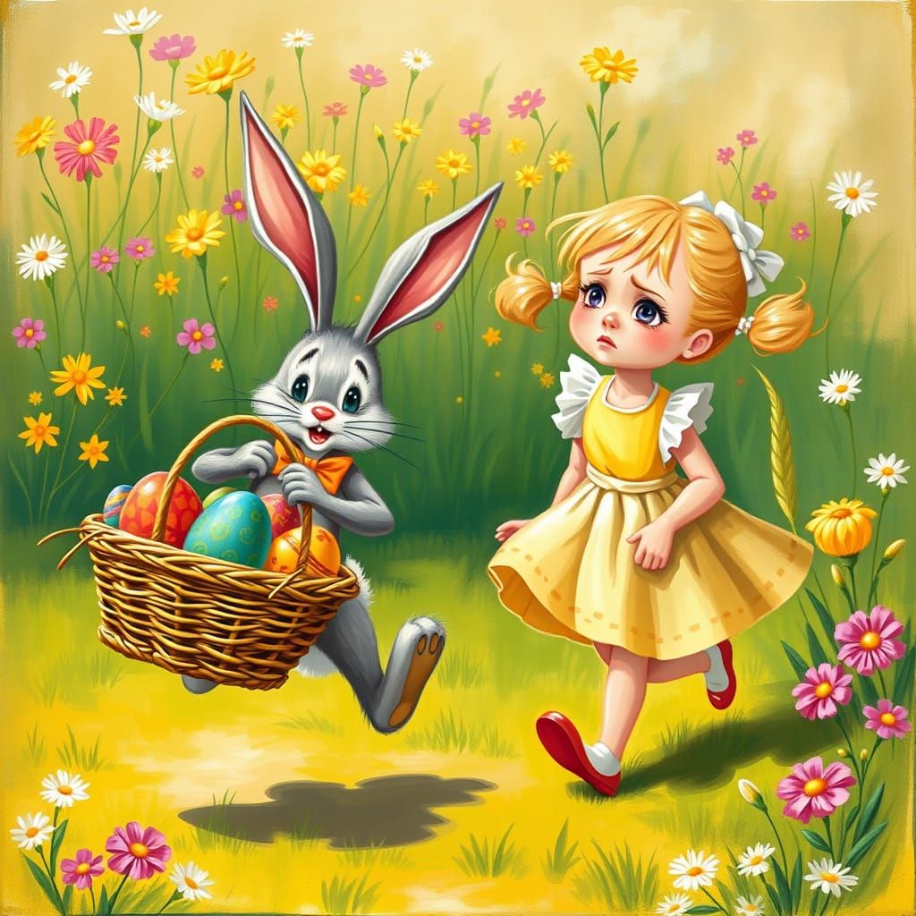 Whimsical Easter Bunny Flees with Colorful Easter Eggs