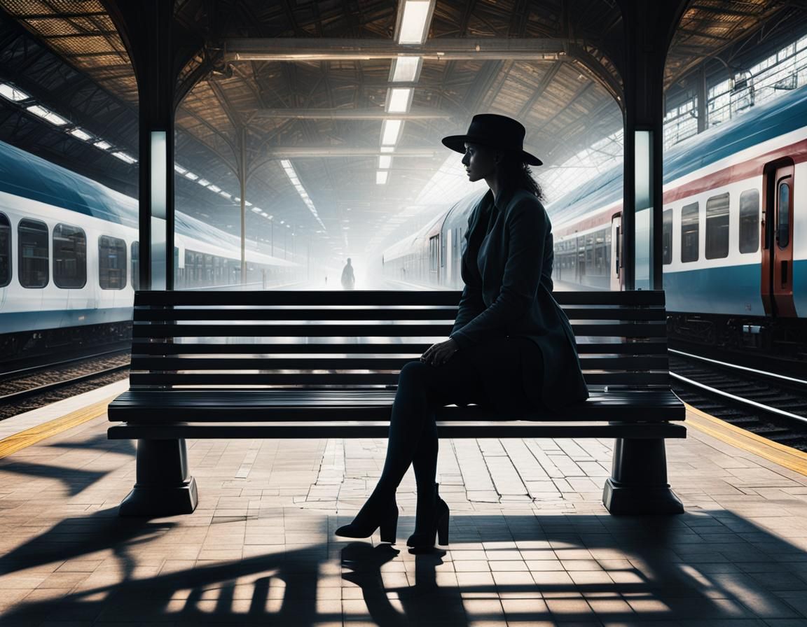 Lonely Woman in Train Station Double Exposure Photograph