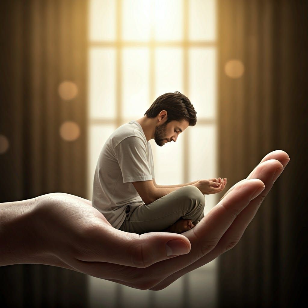 Serene Man Cradled in a Giant's Protective Hand