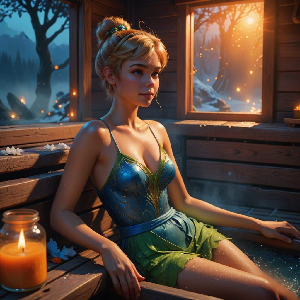 Tinkerbell Relaxing in a Misty Sauna as Oil Painting
