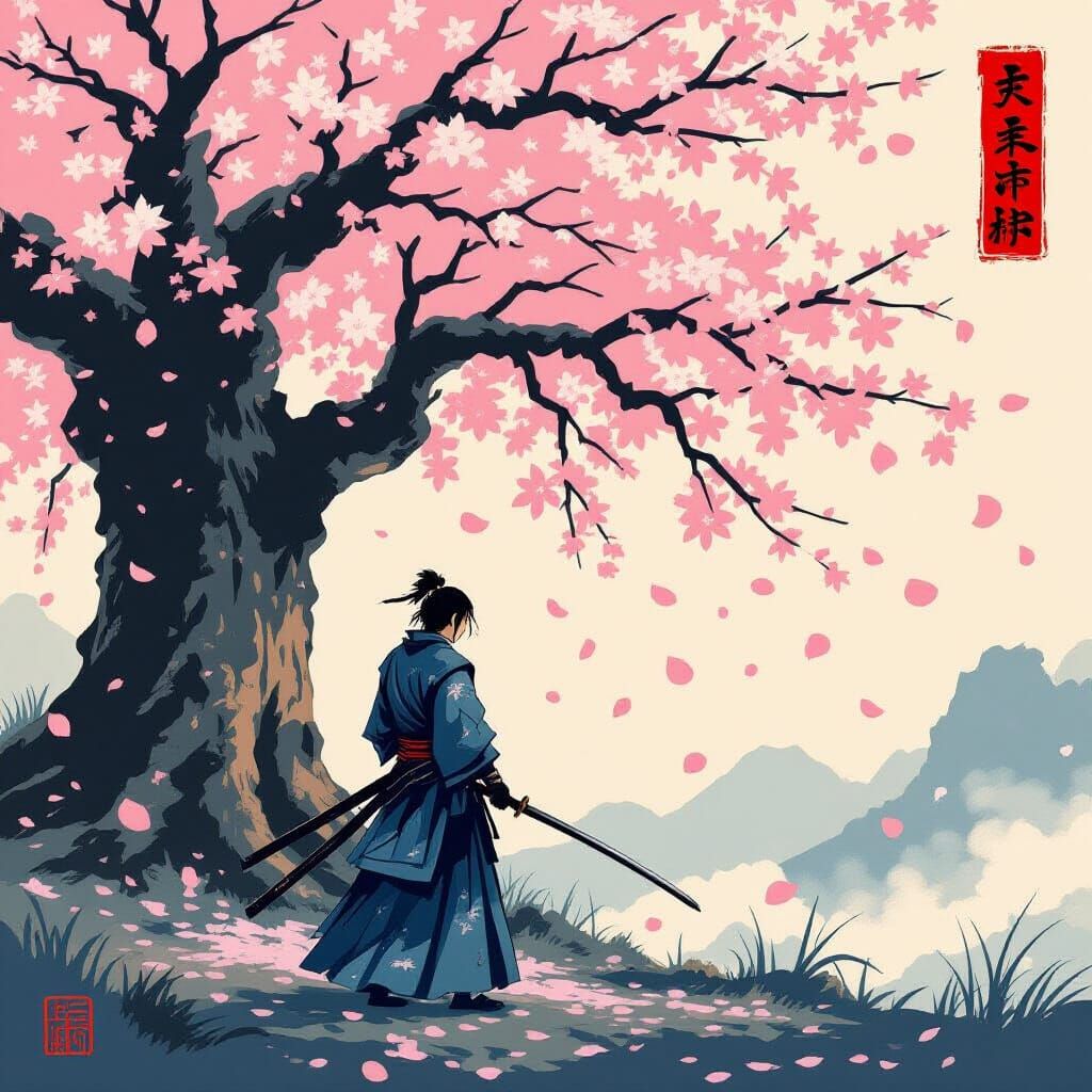 Samurai Warrior Under Ancient Cherry Blossom Tree in Ukiyo-e...