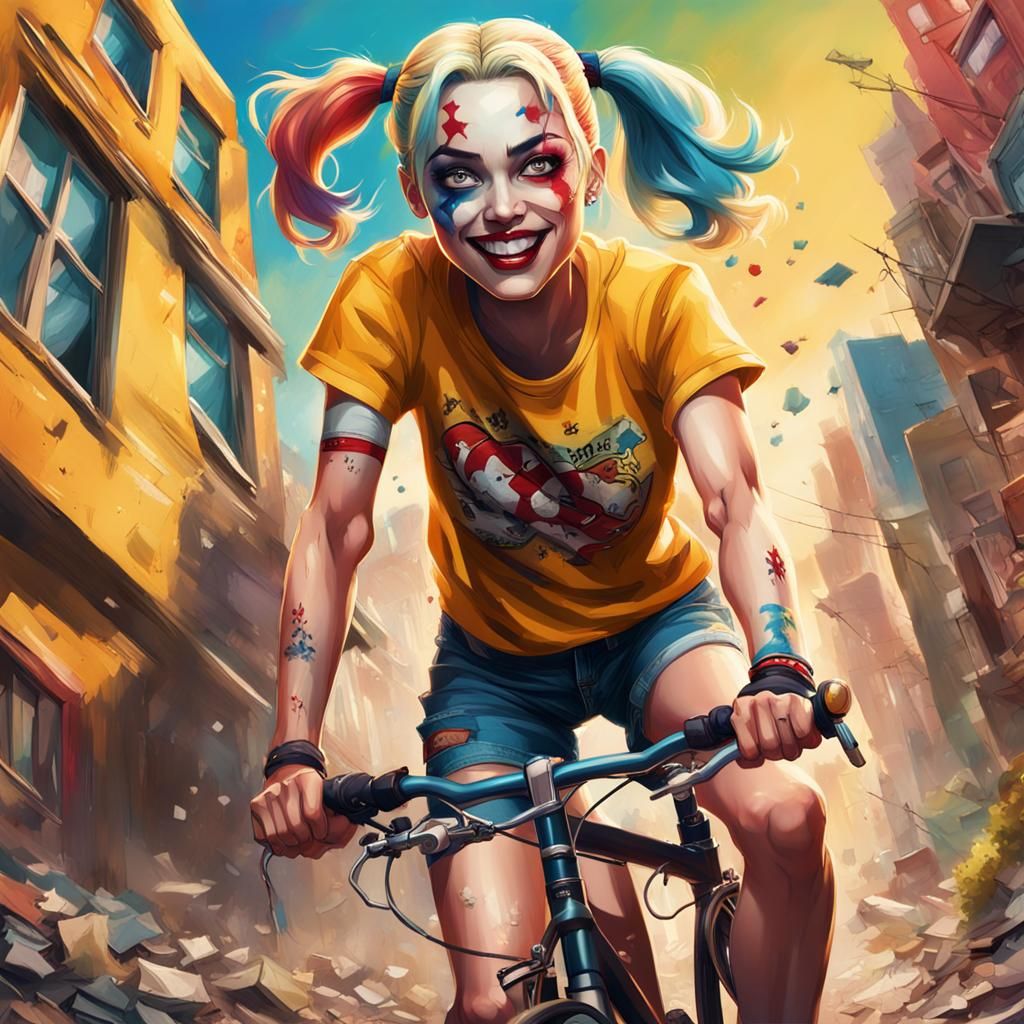 Harley Quinn Rides Bicycle: Comic Book Style