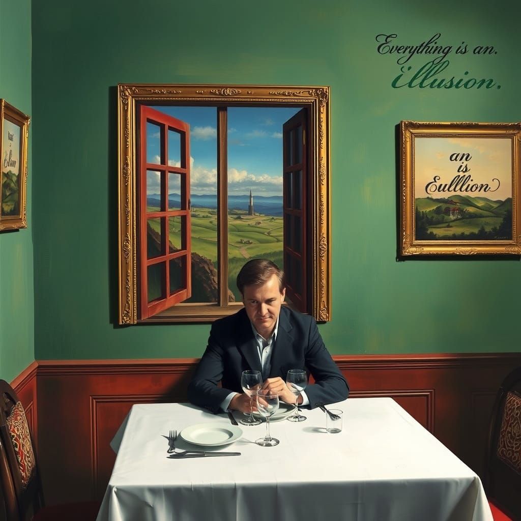 Surreal Room of Illusions in Magritte Style