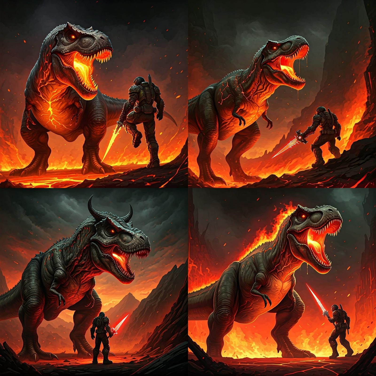 Demonic T-Rex Roars in Hellish Battlefield