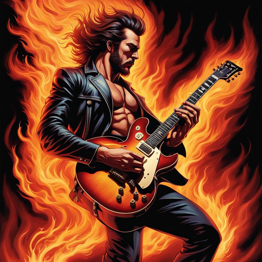 Flaming Rock Guitarist with Sideburns