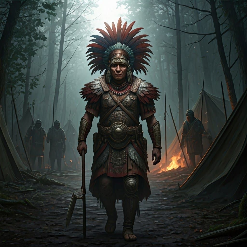 Mesoamerican Warrior in Wilderness Military Encampment