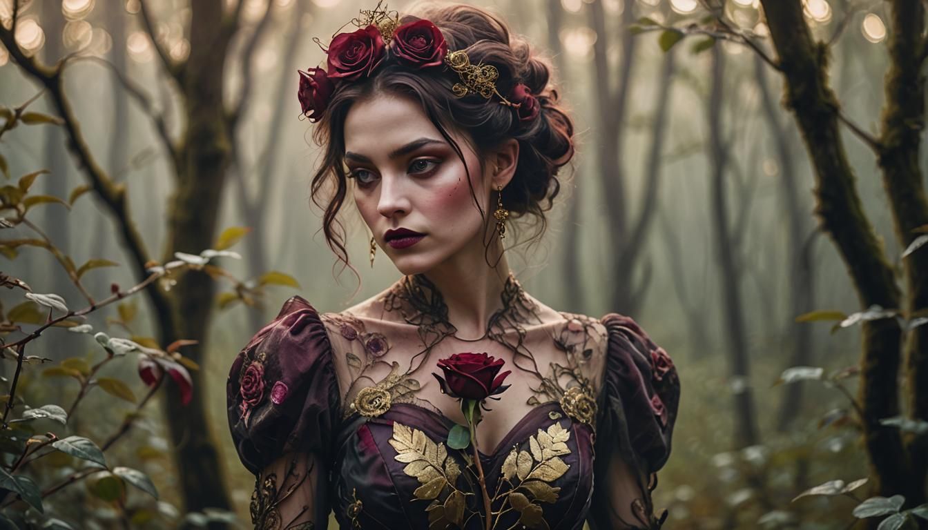 Woman with Rose in Misty Forest, Impressionist Style