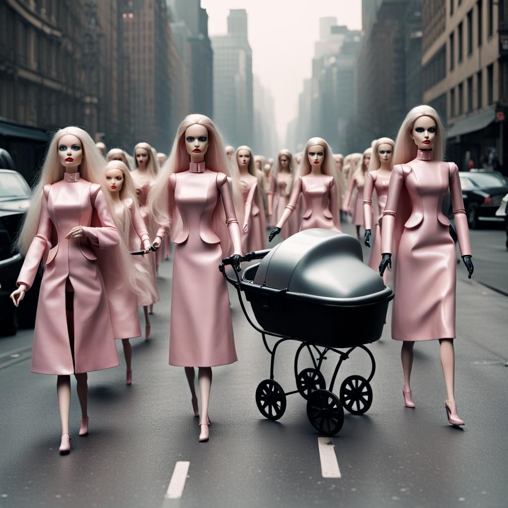 Evil Robot Barbies Marching in Cyberpunk City